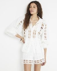 RIVER ISLAND Cream Lace Cutwork Blouse ~ balloon sleeve cut out blouses ~ cut out summer tops