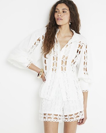 RIVER ISLAND Cream Lace Cutwork Blouse ~ balloon sleeve cut out blouses ~ cut out summer tops