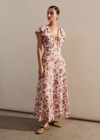 me and em Creaseless Linen Paisley Print Maxi Dressin Light Cream/Red/Multi – long length floral ruffled shoulder summer dresses