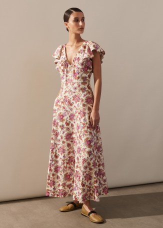 me and em Creaseless Linen Paisley Print Maxi Dressin Light Cream/Red/Multi – long length floral ruffled shoulder summer dresses - flipped