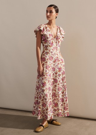 me and em Creaseless Linen Paisley Print Maxi Dressin Light Cream/Red/Multi – long length floral ruffled shoulder summer dresses
