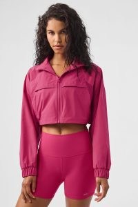alo yoga CROPPED PLAYMAKER JACKET in Pink Summer Crush ~ women’s hooded crop hem jackets