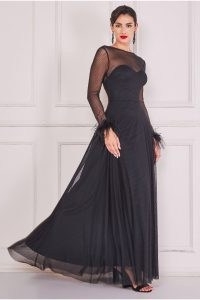 GODDIVA DOBBY MESH FEATHER SLEEVE HEM MAXI DRESS in BLACK – sophisticated evening glamour – vintage style evening dresses – glamorous semi sheer occasion gown
