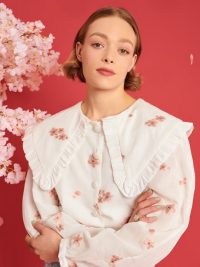 sister jane Budding May Blouse in Snow White ~ oversized collared blouses with pink floral embroidery ~ DREAM A TALE OF BLOSSOMS
