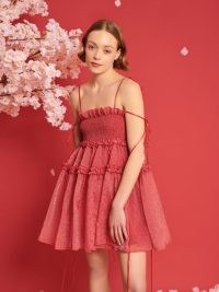 sister jane DREAM A TALE OF BLOSSOMS Calla Organza Mini Dress in Cherry Red ~ strappy ruffled fit and flare party dresses