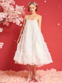 sister jane DREAM Pixie Petal Midi Dress in True White ~ strappy tiered floral applique party dresses