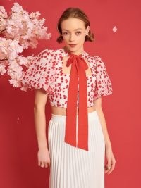 sister jane DREAM A TALE OF BLOSSOMS Sakura Jacquard Top in White & Red ~ romantic puff sleeve crop tops