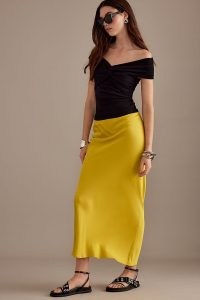 Anthropologie Satin Bias Maxi Slip Skirt in Dark Yellow | long length silky column skirts