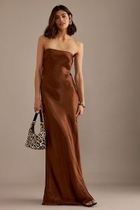 Anthropologie The Fleur Strapless Satin Maxi Slip Dress in Chocolate | brown silky long length bandeau neckline dresses