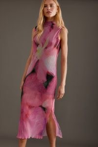 Anthropologie Mila Sleeveless Floral Mesh Midi Dress in Pink Combo – printed mock neck column dresses