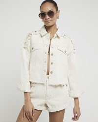 RIVER ISLAND Ecru Embellished Crochet Denim Jacket ~ women’s casual off white summer jackets