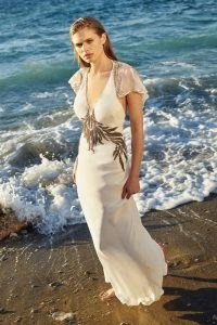 KAREN MILLEN Embellished Applique Georgette Satin Woven Maxi Dress in Ivory ~ feminine occasionwear ~ luxe angel sleeve occasion dresses