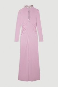 KAREN MILLEN Embellished Jersey Crepe Maxi Dress in Lavender ~ long sleeve high neck front keyhole cut out occasion dresses