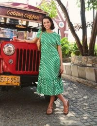 Boden Emma Tiered Jersey Midi Dress in Green, Honeycomb Geo ~ short sleeve relaxed fit summer dresses