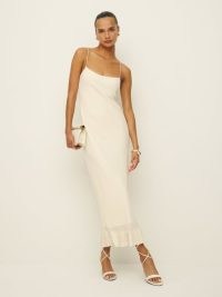 Reformation Suki Dress in Fior Di Latte – off white strappy tiered hem dresses – luxe evening fashion