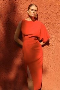 KAREN MILLEN Fluid Tailored Asymmetric Sleeve Maxi Dress in Red ~ one sleeve occasion dresses