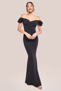 GODDIVA FRILLED OFF THE SHOULDER SCUBA MAXI DRESS in BLACK – fitted bardot gown – glamoros evening event dresses