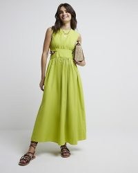 RIVER ISLAND Green Cut Out Shell Trim Swing Maxi Dress ~ sleeveless side cutout fit and flare dresses ~ cotton summer fashion