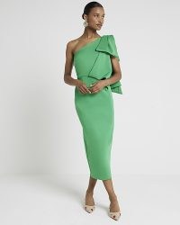 RIVER ISLAND Green One Shoulder Bow Bodycon Midi Dress ~ asymmetric neckline pencil dresses