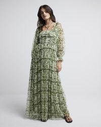 RIVER ISLAND Green Printed Tulle Maxi Dress ~ sheer balloon sleeve dresses ~ ruched bodice