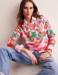 Boden Hannah Printed Sweatshirt in Sweet Lilac, Tropic Parrot ~ women’s pink cotton tropical print sweatshirts
