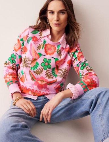 Boden Hannah Printed Sweatshirt in Sweet Lilac, Tropic Parrot ~ women’s pink cotton tropical print sweatshirts - flipped
