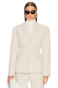 Helsa Recycled Twill S Curve Jacket in Light Khaki – women’s cinched waist jackets with oversized shoulders