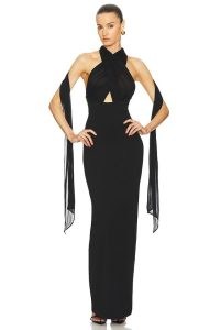 Helsa The Amber Dress – sopisticated party glamour – cross front halter maxi dresses – glamorous evening event fashion