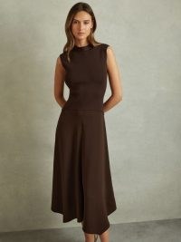 REISS LANI HYBRID KNIT TIE BACK MIDI DRESS CHOCOLATE ~ chic dark brown fit and flare dresses ~asymmetric hemline