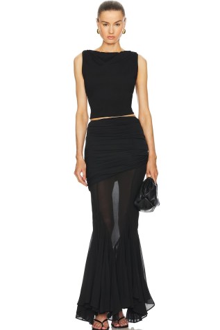 L’Academie by Marianna Margaux Maxi Skirt in Black – long length semi sheer ruffle hem evening skirts – occasion glamour