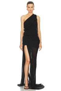 L’Academie by Marianna Morgane Gown in Black – semi sheer one shoulder gowns – glamorous asymmetric evening fashion