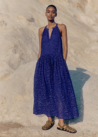 me and em Lace Flower Broderie Halterneck Maxi Dress in Deep Iris – cotton halter neck cut out detail dresses – summer fashion