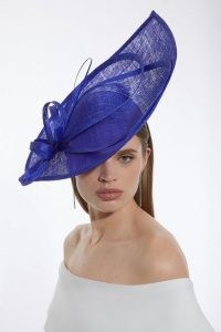 KAREN MILLEN Large Spiral Detail Fascinator in Cobalt – chic blue fascinators – mother of the bride hats – summer occasion accessories