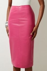 KAREN MILLEN Leather Panel Pencil Midi Skirt in Bright Pink ~ luxe bubblegum skirts