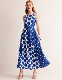 Boden Linen Maxi Halter Dress Surf the Web, Spotted – blue and white sleeveless fit and flare summer dresses