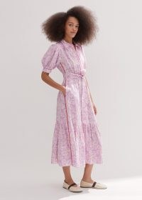 me and em Linen-Blend Lace Midi Shirt Dress + Belt in Lilac/Red/Cream ~ lilac puff sleeve tie waist dresses