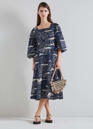 L.K. Bennett Liza Organic Cotton Riveria Print Dress in Navy Cream – women’s dark blue summer dresses – fashion with boat prints - flipped