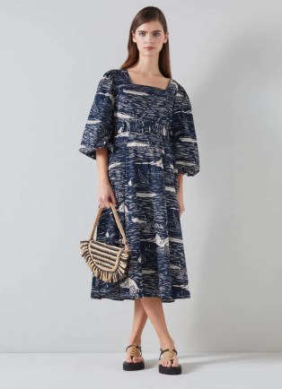 L.K. Bennett Liza Organic Cotton Riveria Print Dress in Navy Cream – women’s dark blue summer dresses – fashion with boat prints