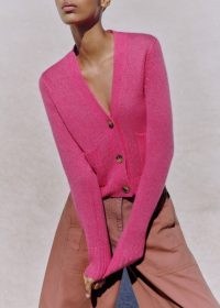 ME and EM Lofty Merino Cashmere Silk Relaxed Cardigan in Bright Camellia Pink – vibrant luxe cardigans