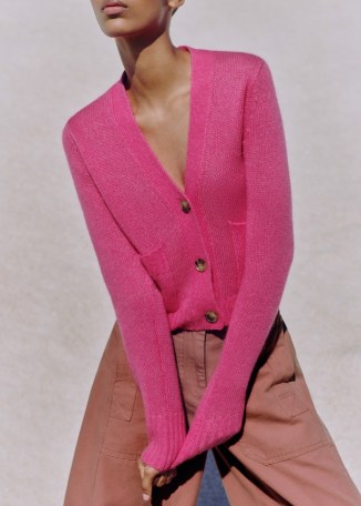 ME and EM Lofty Merino Cashmere Silk Relaxed Cardigan in Bright Camellia Pink – vibrant luxe cardigans