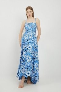 Lydia Millen Cutwork And Embroidery Bandeau Dress in Blue – strappy floral cut out maxi dresses – strapless summer occasionwear – dip hem – removable spaghetti straps