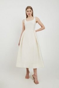 Lydia Millen Taffeta Full Skirt Tailored Midi Dress in Cream – luxe sleeveless fit and flare dresses – summer occasion fashion