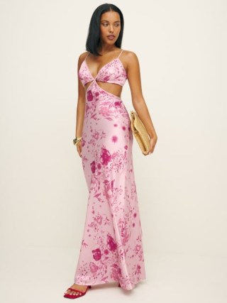 Reformation Poppies Silk Dress in Milla / strappy floral cut out maxi dresses / silky summer event fashion - flipped