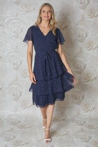 Julianna Navy Wrap Front Spot Dress – women’s dark blue tiered angel sleeve occasion dresses