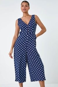 Lilly + Hope Navy Polka Dot Print Pocket Jumpsuit – women’s dark blue sleeveless crop leg jumpsuist