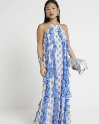 RIVER ISLAND Petite Blue Geometric Frill Smock Maxi Dress ~ ruffled halterneck summer event dresses ~ women’s party fashion