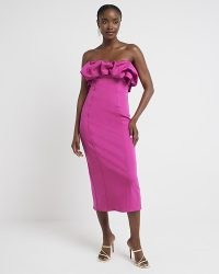 RIVER ISLAND Pink Bandeau Bodycon Midi Dress ~ strapless fitted evening dresses ~ ruffled neckline