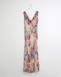 RIVER ISLAND Pink Floral Cowl Neck Slip Maxi Dress ~ draped neckline slip dressess