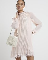 RIVER ISLAND Pink Plisse Lace Hem Shift Mini Dress – ladylike going out dresses