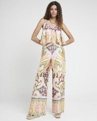RIVER ISLAND Pink Satin Abstract Layered Jumpsuit ~ silky strappy jumpsuits ~ retro look fashion